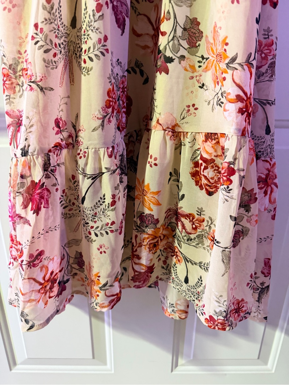 A.W.W Floral Tie-Neck Blouse in Cream with Pink & Orange Blooms- medium - Picture 3 of 10